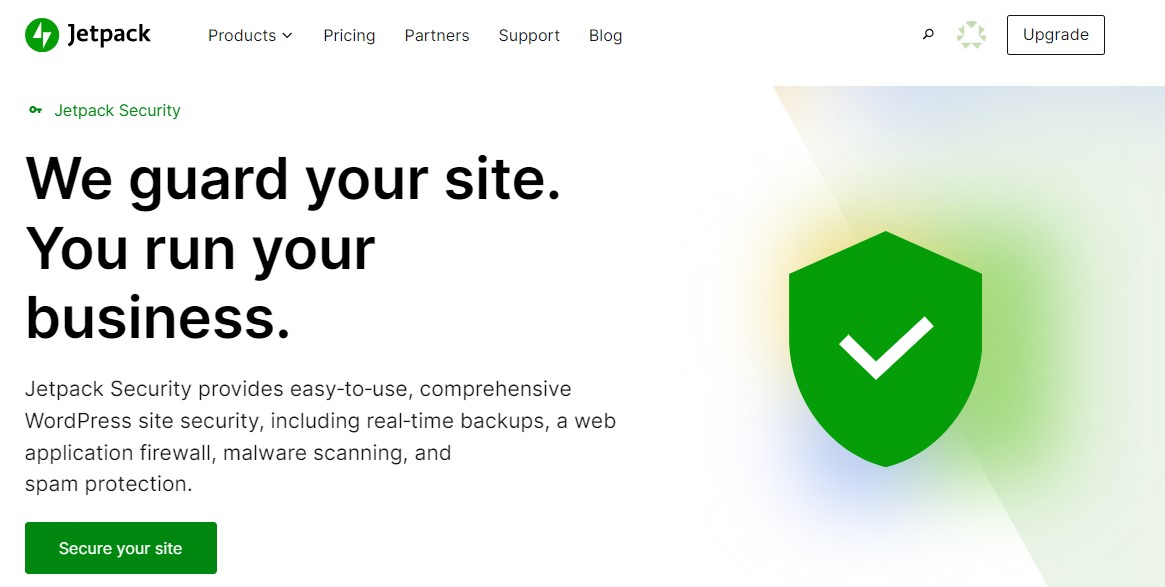 JetPack Security homepage with title, paragraph, graphic, and 'Secure your site' call to action.