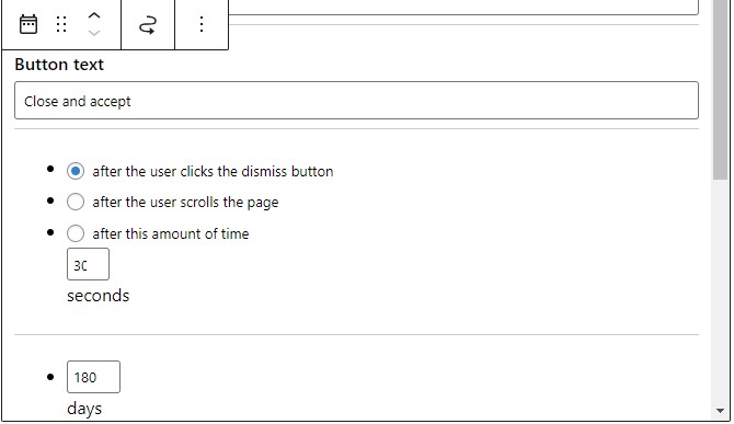 Texto del botón y opciones de visualización del bloque del banner de cookies y consentimientos (campo para indicar el número de segundos).