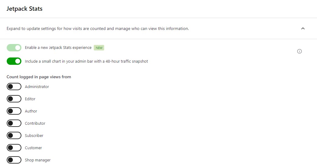 Ajustes del plugin Jetpack Stats en el panel de WordPress, con la nueva experiencia y el gráfico activados en las opciones de la barra de administración.