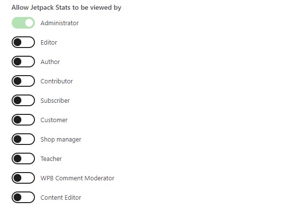 Ajustes del plugin Jetpack Stats en el panel de WordPress, con la configuración de permisos que permite que solo los administradores vean Stats.