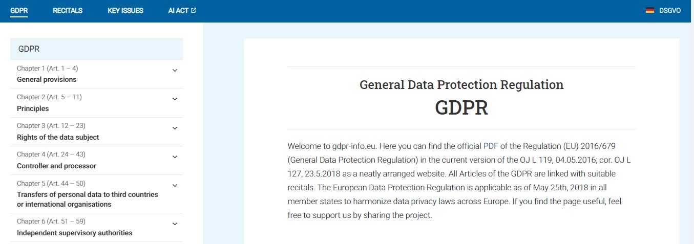 Página de inicio del Reglamento General de Protección de Datos, con navegación principal, navegación por capítulos y contenido de bienvenida.