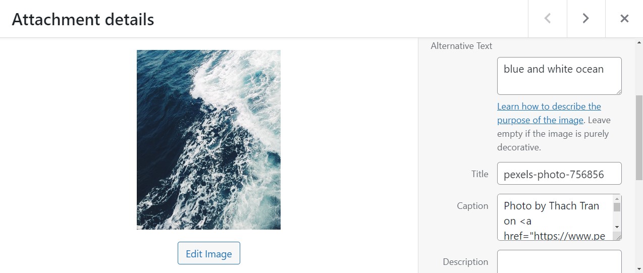 WordPress dashboard Media Library image selected and displaying Alternative Text, Title, Caption, and Description.