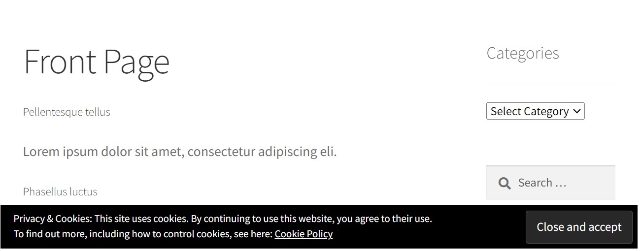 Tema básico de WordPress y página que muestran el banner de la política de consentimiento de cookies en la parte inferior de la pantalla.