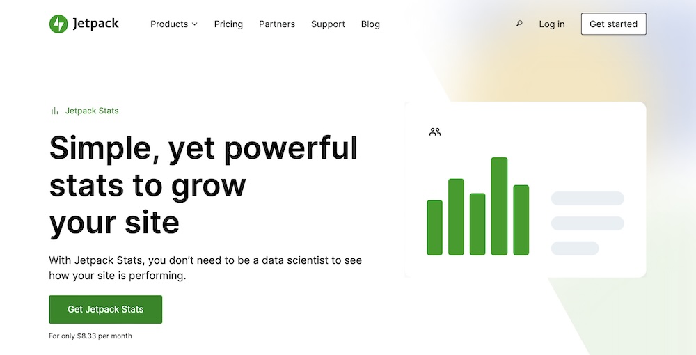 Jetpack Stats homepage with title, paragraph, graphic, and 'Get Jetpack Stats' call to action.