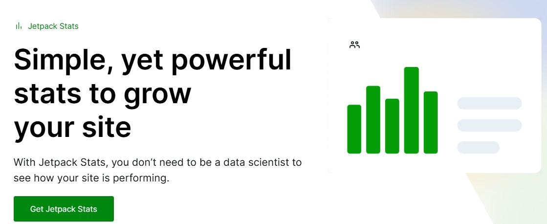 Jetpack Stats homepage with the text "Simple, yet powerful stats to grow your site."