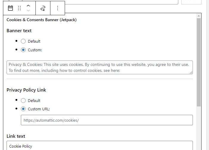 Opciones del bloque del banner de cookies y consentimientos para personalizar el texto y los enlaces.