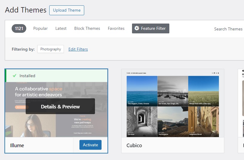 WordPress.org theme repository feed in WordPress website dashboard displaying photography themes with Illume theme selected.