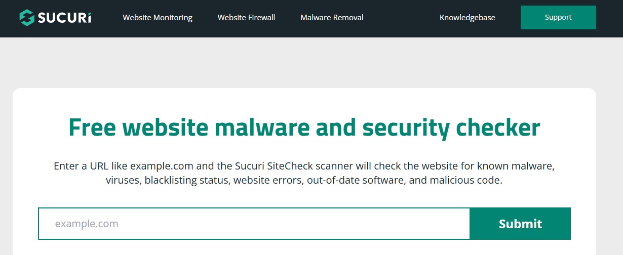 Herramienta de Sucuri «Comprobador gratuito de malware y seguridad de sitios web» disponible en su sitio web.