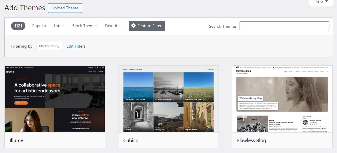 WordPress.org theme repository feed in WordPress website dashboard displaying photography themes.