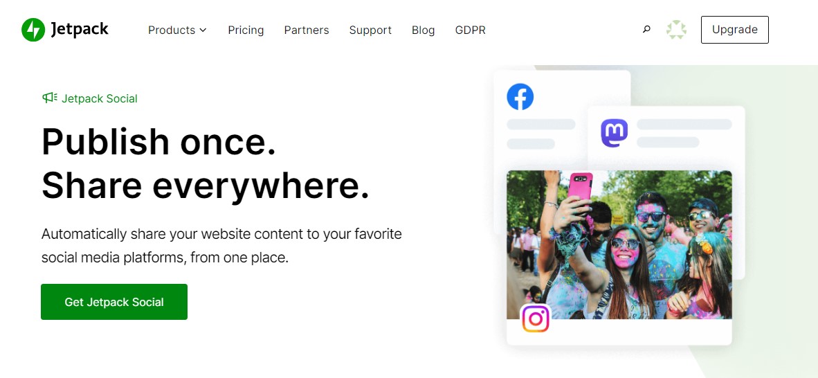 JetPack Social homepage with title, paragraph, graphic, and 'Get Jetpack Social' call to action.
