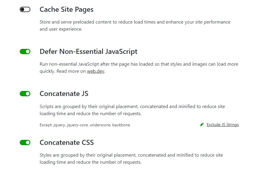 Jetpack Boost performance optimization settings as displayed in the WordPress dashboard.