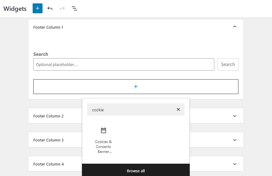 Widget «Columna 1 del pie de página» de WordPress, con la selección de bloques mostrando el banner de cookies y consentimientos.