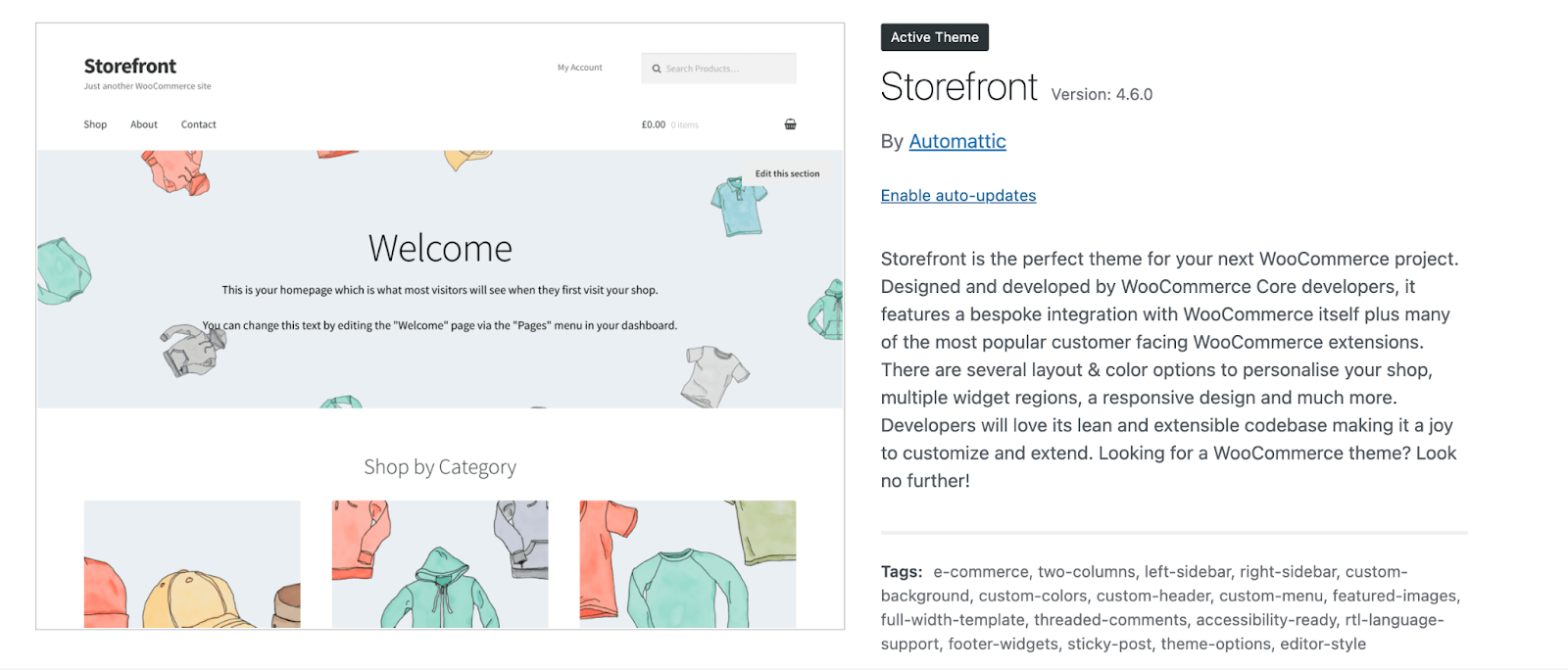 Instalación activa del tema Storefront de Automattic en la lista de temas del escritorio de WordPress.  