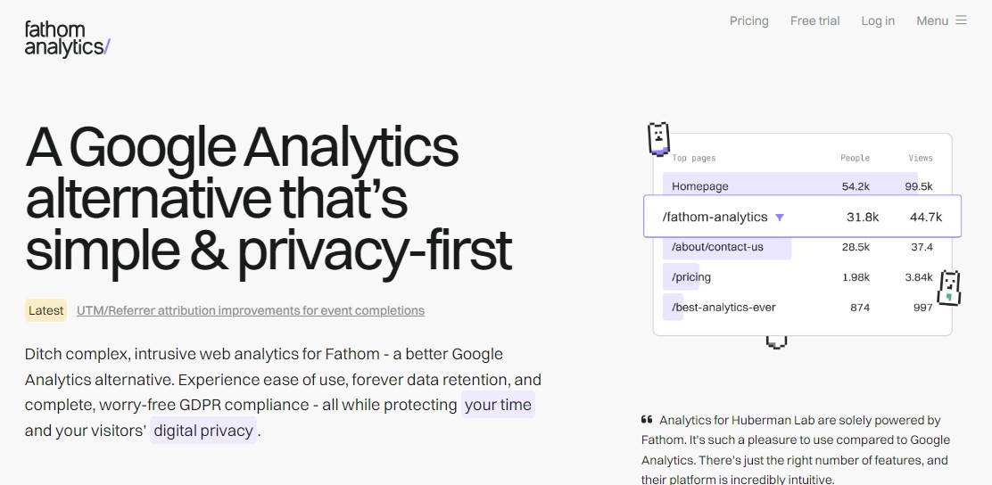 Página de inicio de Fathom Analytics con título, párrafo y gráfico.