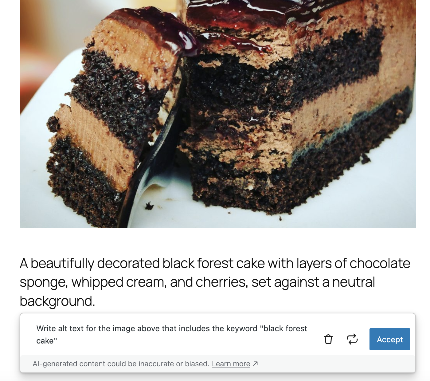 AI generated alt text prompt from Jetpack AI making a suggestion for alt text for an image of chocolate cake.