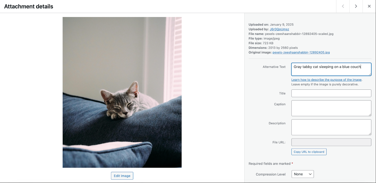 Alt text being added to an image of a cat sleeping in the WordPress media library (from the Dashboard) using the available Alternative Text fields.