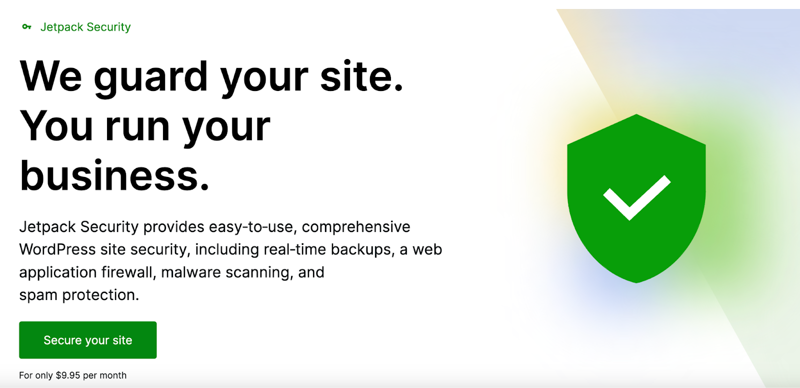 Jetpack Security homepage hero with title, paragraph, and 'secure your site' call to action.