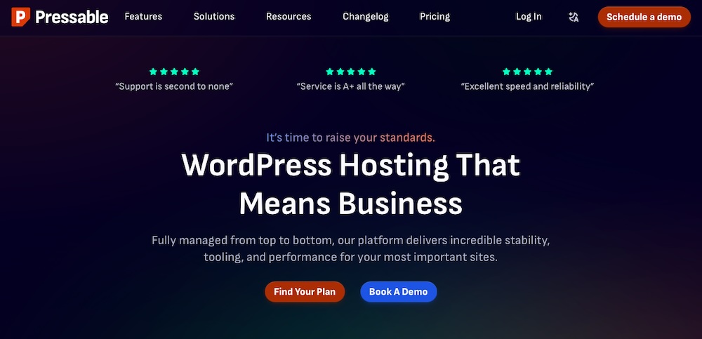 Pressable homepage with the text "WordPress hosting that means business"