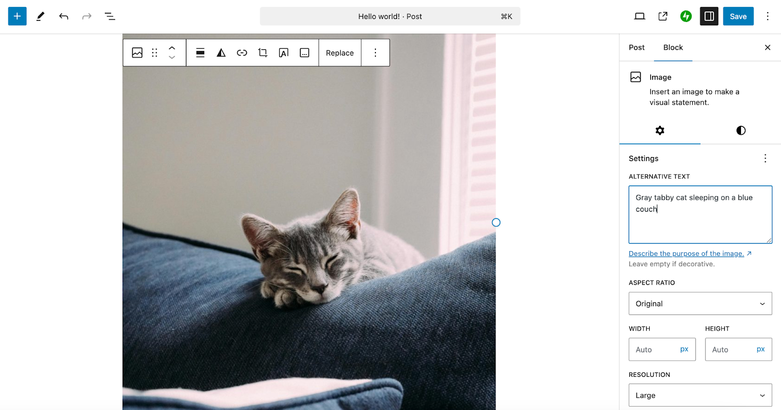 Alt text being added to an image of a cat sleeping using block fields accessible directly from the image block of a WordPress post.