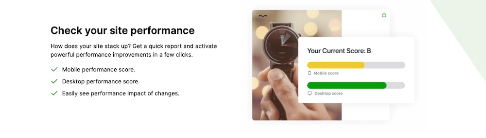 A value proposition section from the Jetpack Boost homepage with a title, paragraph, checklist of benefits, and an image demonstrating metrics.