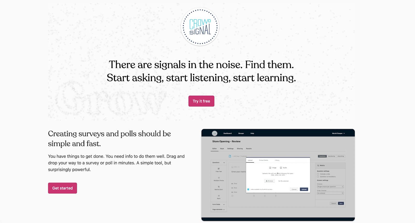 Crowdsignal homepage with logo, title, 'try it free' and 'get started' buttons, and a paragraph.