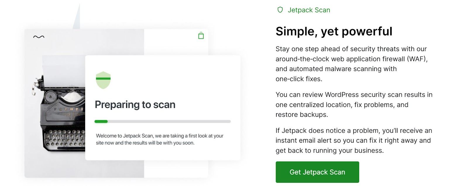 Jetpack Scan homepage with the text "simple, yet powerful"
