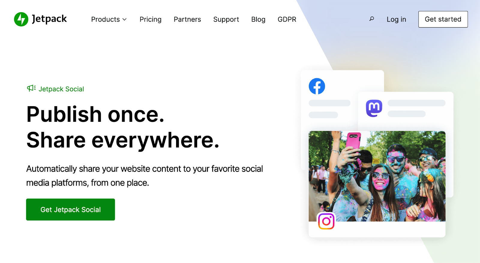 Jetpack Social page with the text "Publish once. Share everywhere."