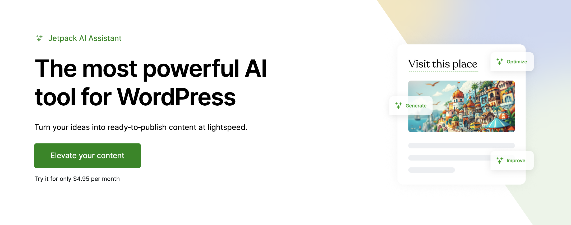 Jetpack AI Assistant page with the text "the most powerful AI tool for WordPress."