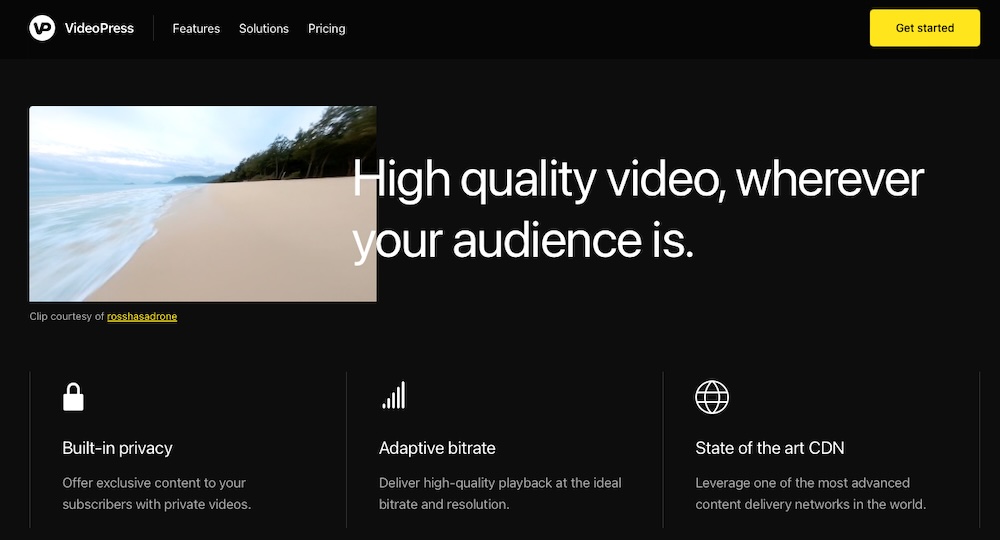 VideoPress homepage with the text "high-quality video, wherever your audience is"