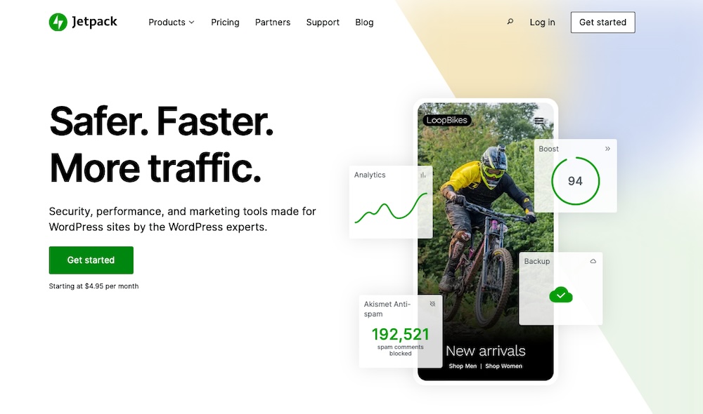 Jetpack homepage with the text "Safer. Faster. More traffic."