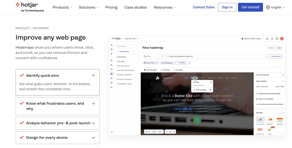 Hotjar homepage hero section with main navigation, title, paragraph, checklist of features, and a graphic of the app itself.