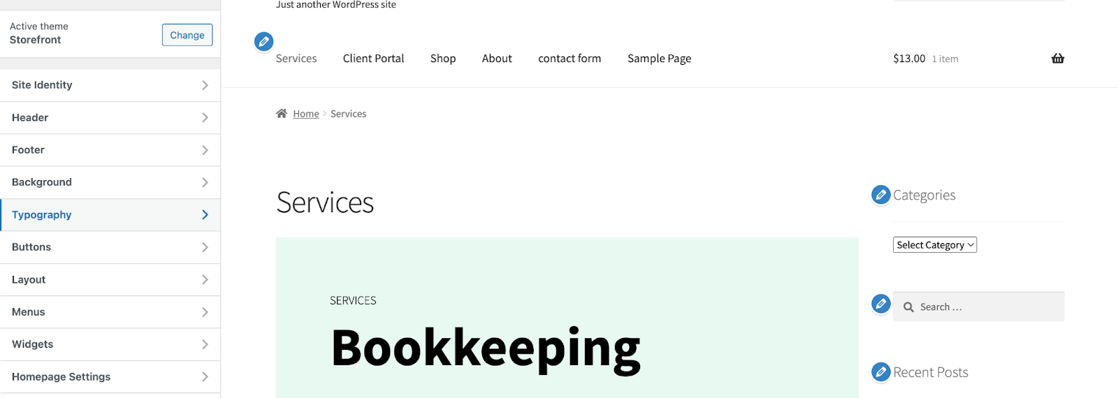 Acceso a la pestaña Tipografía del Personalizador de WordPress
