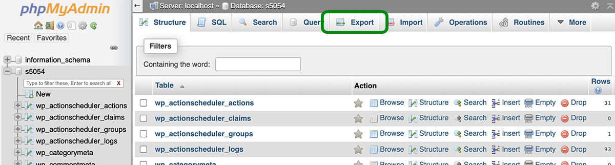 Export tab in PhpMyAdmin