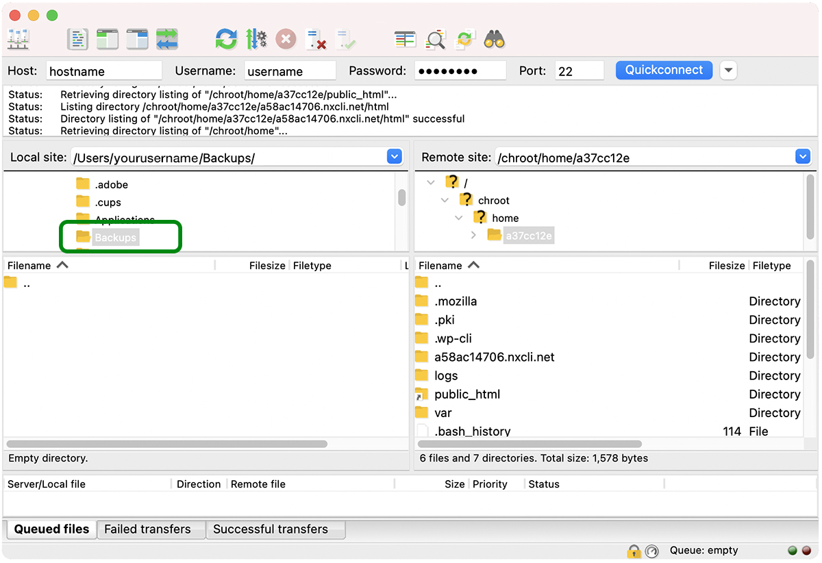 Backups folder highlighed in FileZilla