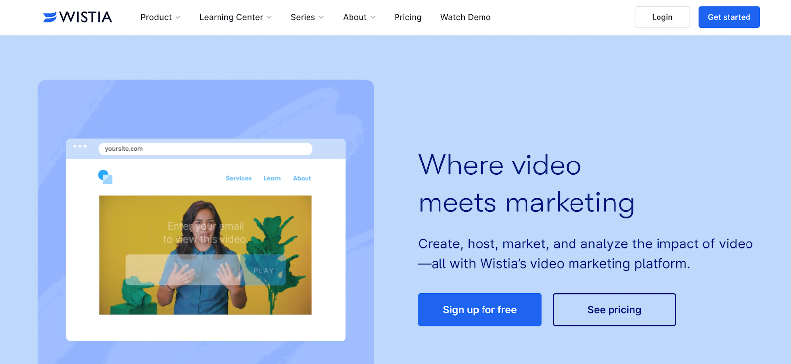 Wistia homepage with the text "where video meets marketing"