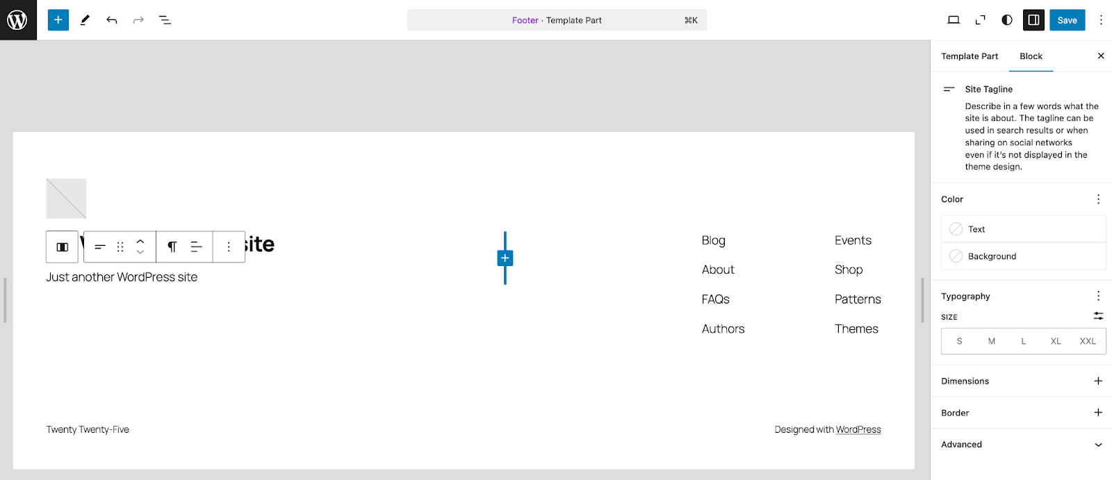 editing the Site Tagline block