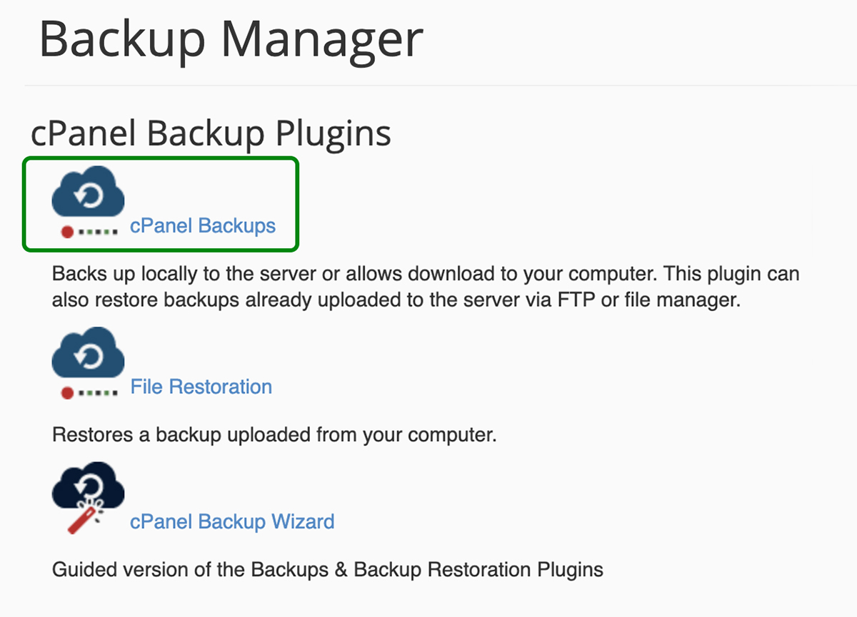 cPanel Backups option highlighted