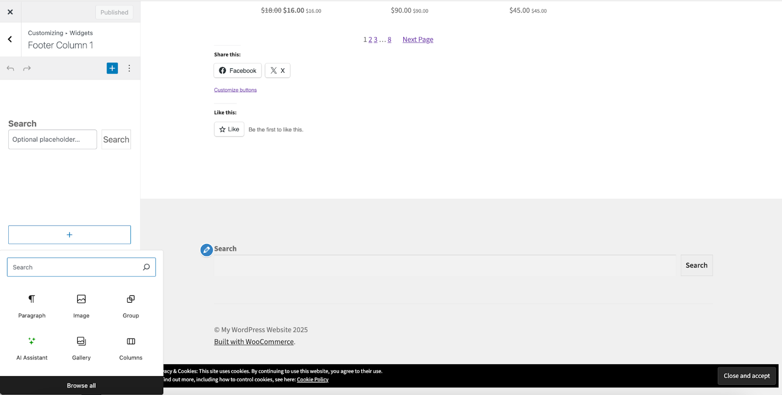 adding blocks to the footer widget area