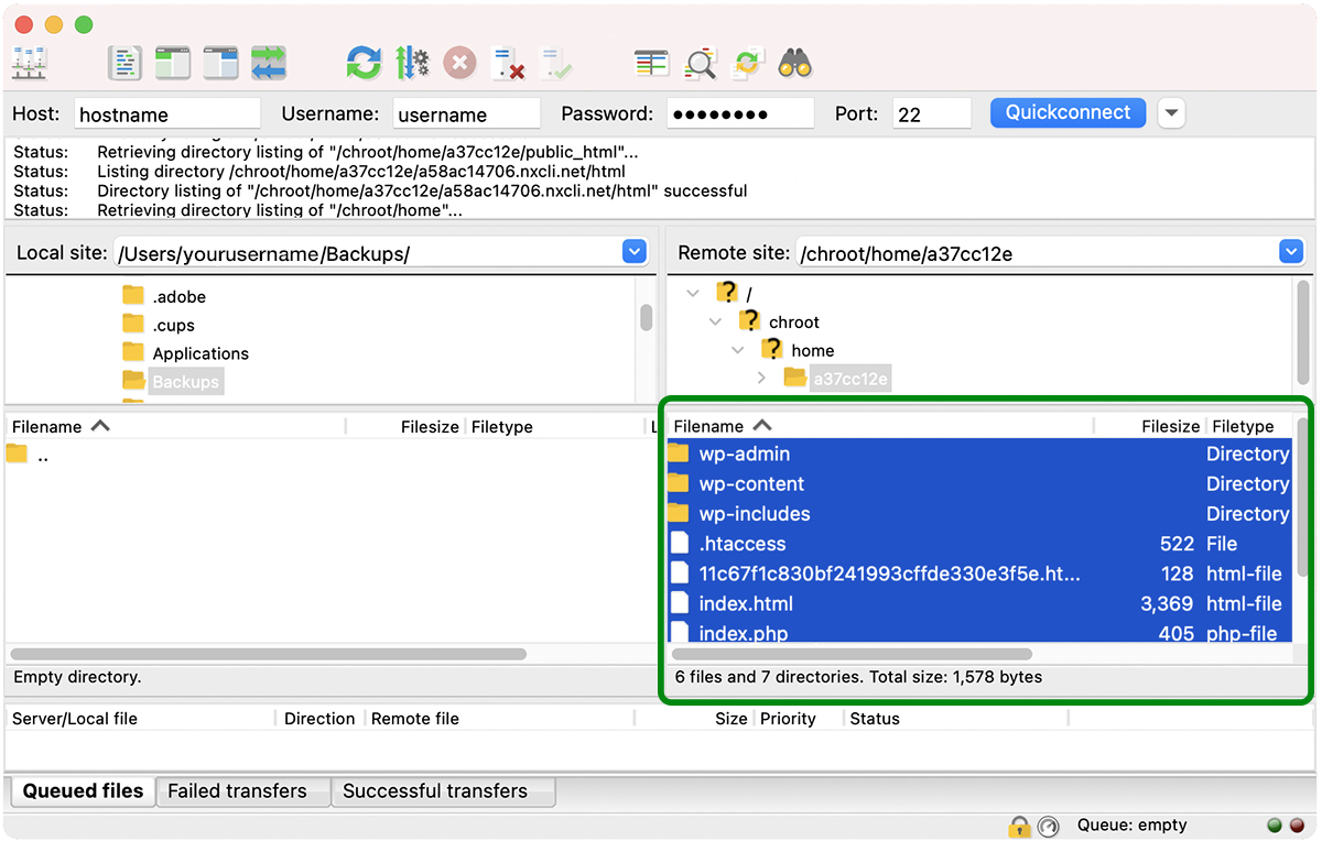 list of folders in FileZilla