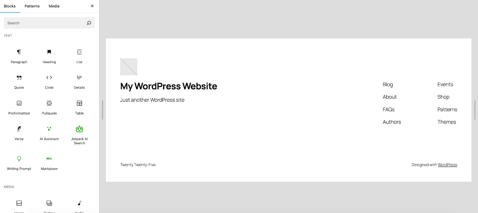 opening the Site Editor to edit the footer