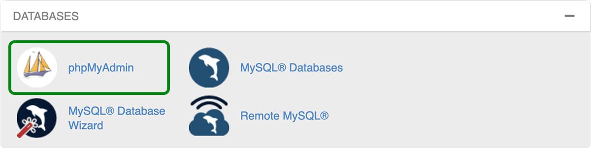 phpMyAdmin option highlighted