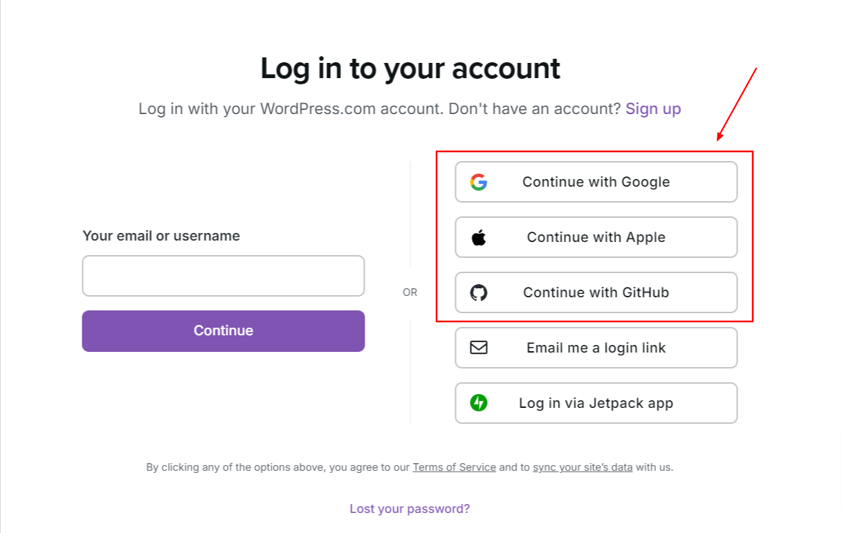 Inicio de sesión de una cuenta de WooCommerce con enlace de registro, campo de correo electrónico y otras formas de registrarse o iniciar sesión rápidamente mediante Google, Apple o GitHub.