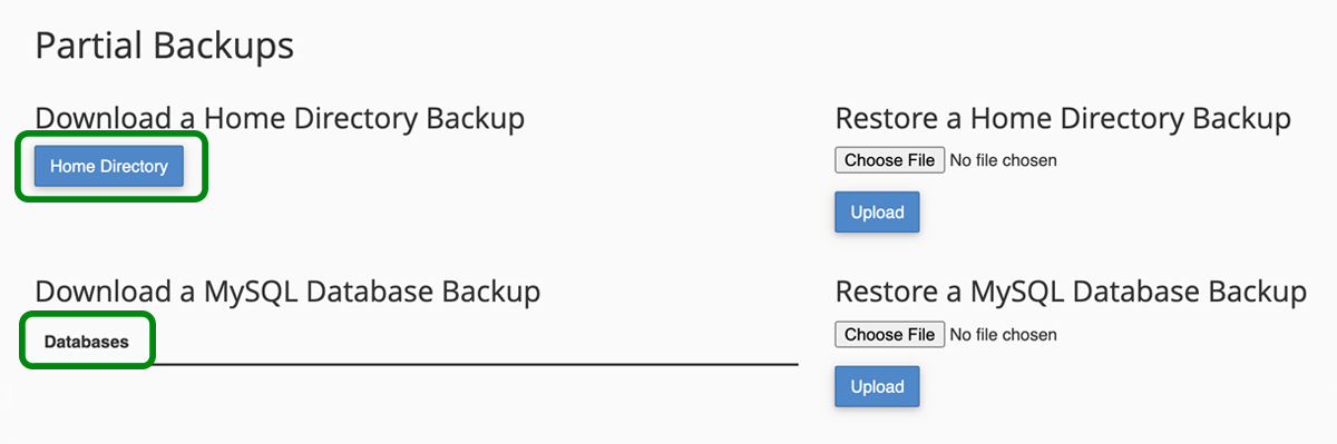 options for Home Directory and Databases highlighted