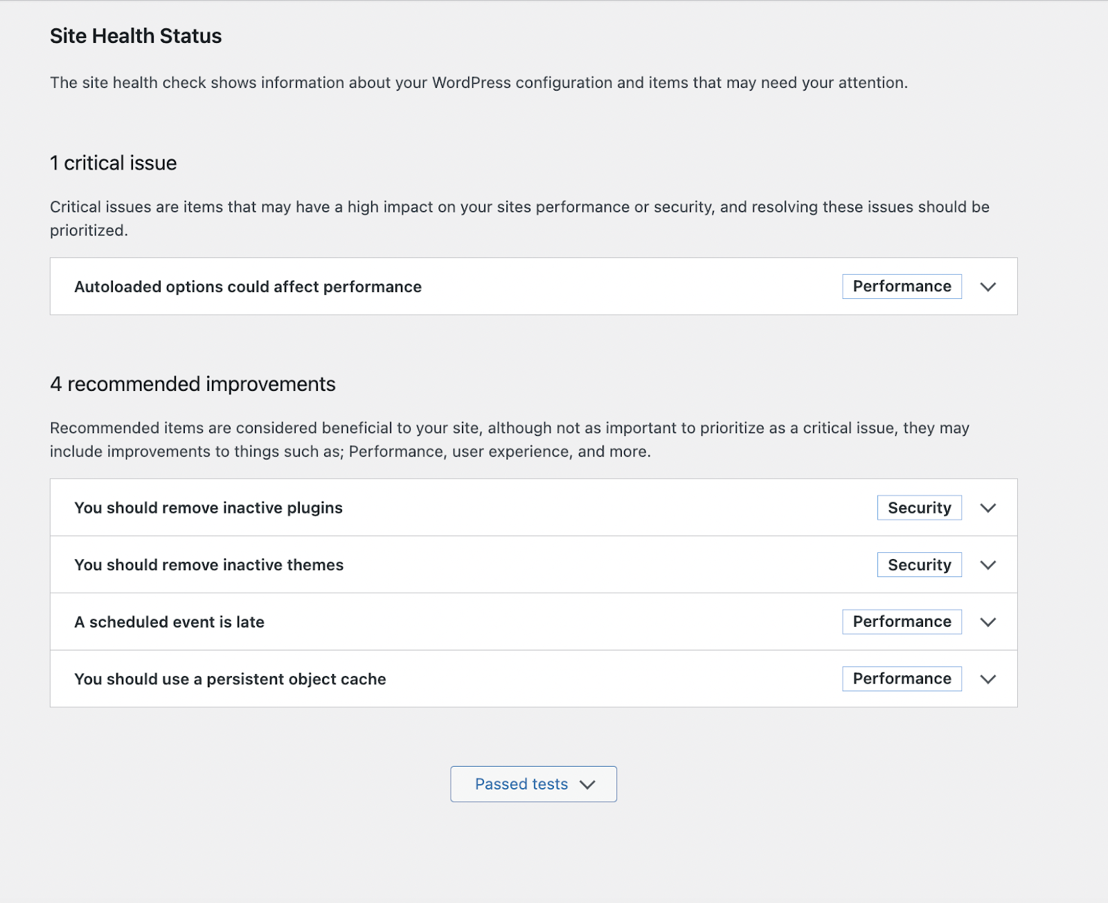 reviewing the Site Health screen