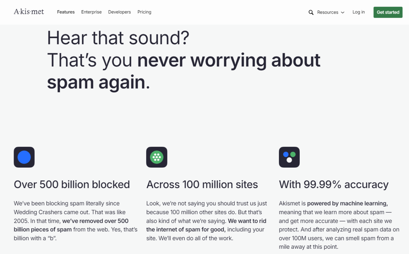 Akismet homepage hero with title and three column accomplishments section containing icons, titles, and paragraphs.
