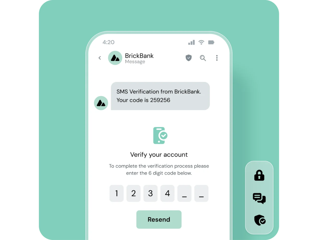 BrickBank account verification graphic displaying an SMS verification code of 259256.