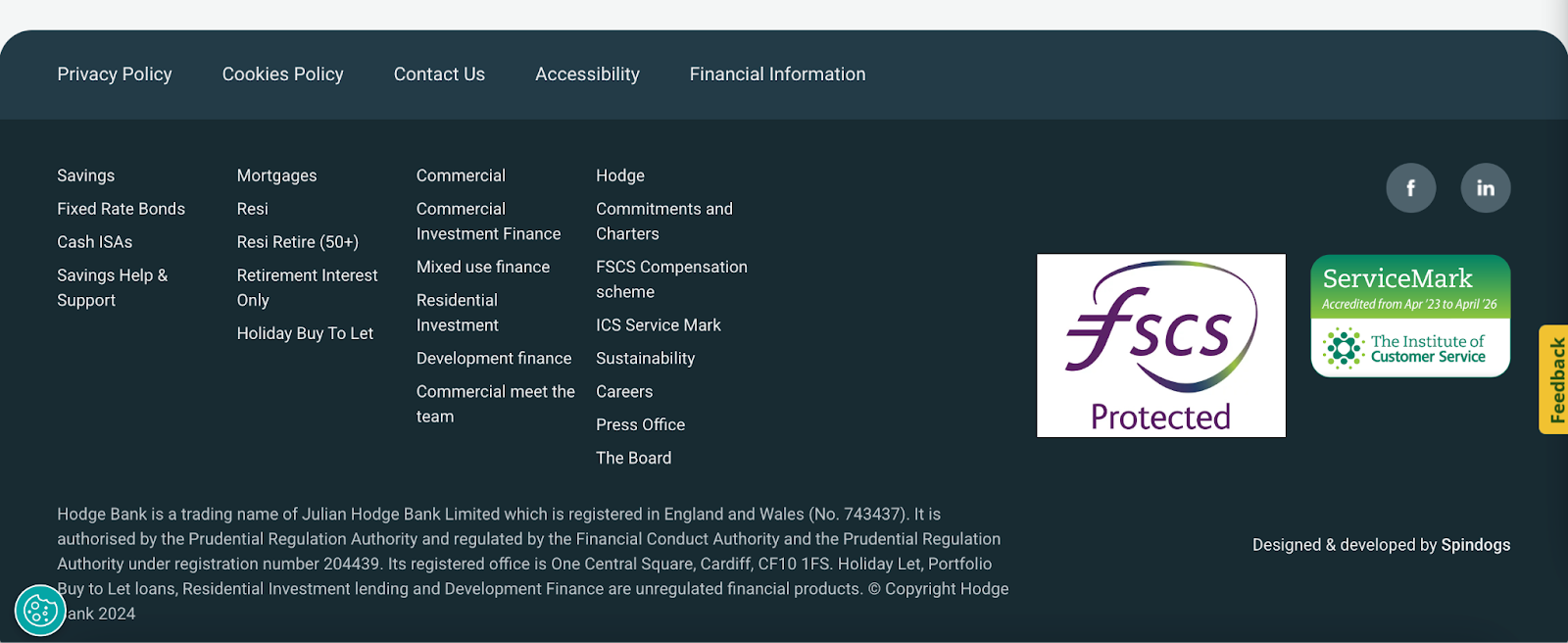 Hodge Bank footer with logos, links, social media icons, and more
