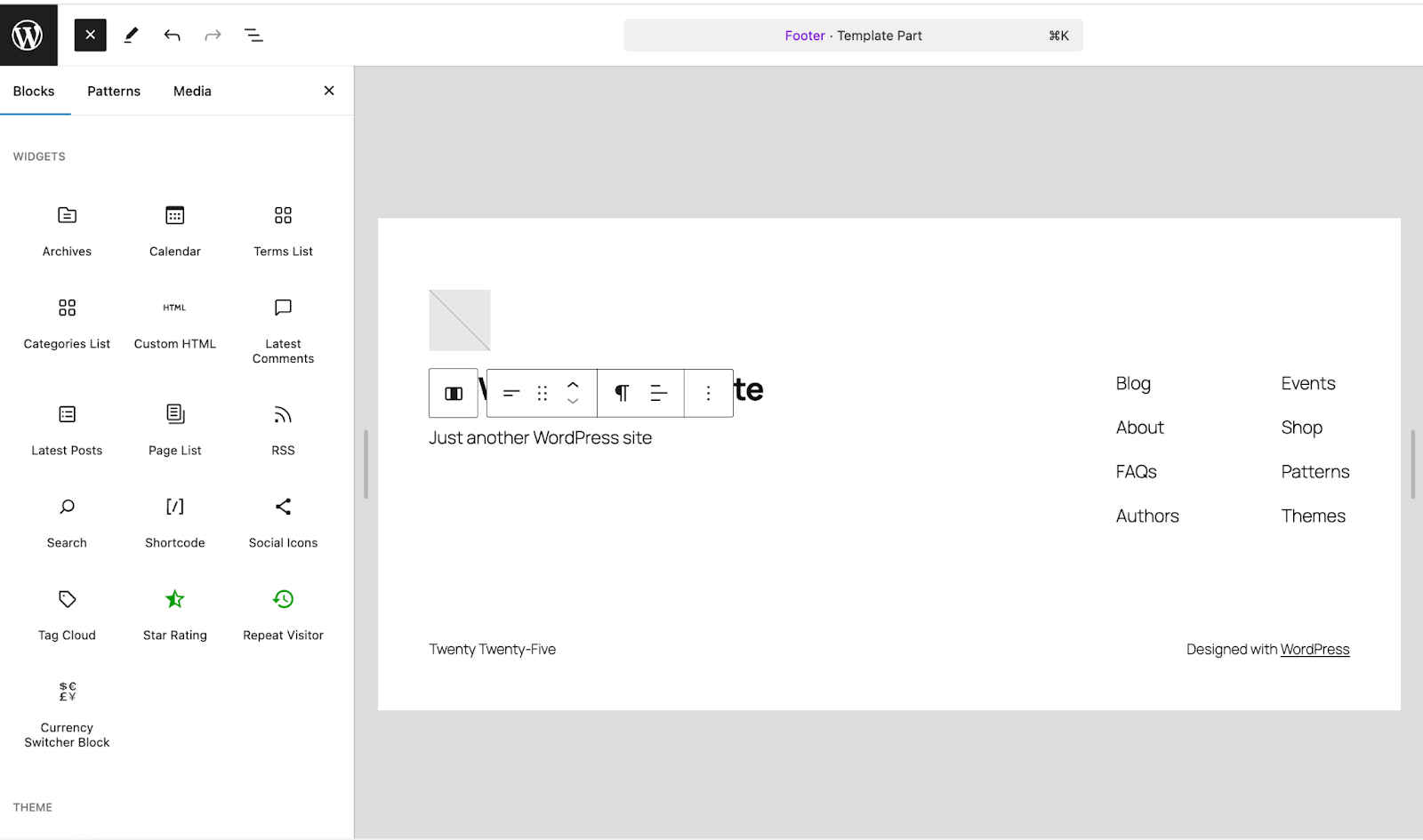 exploring blocks in the Site Editor