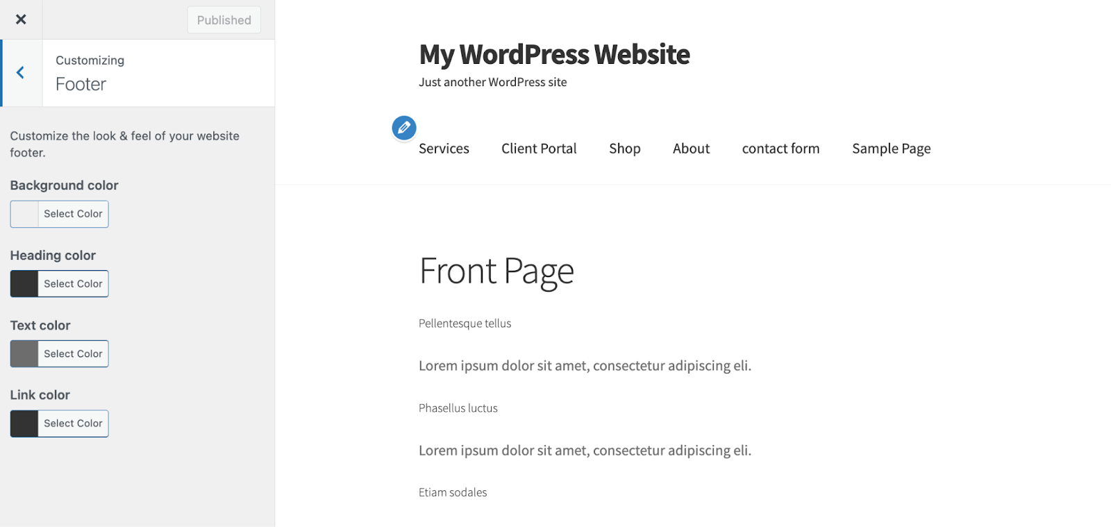 editing footer colors in the WordPress Customizer