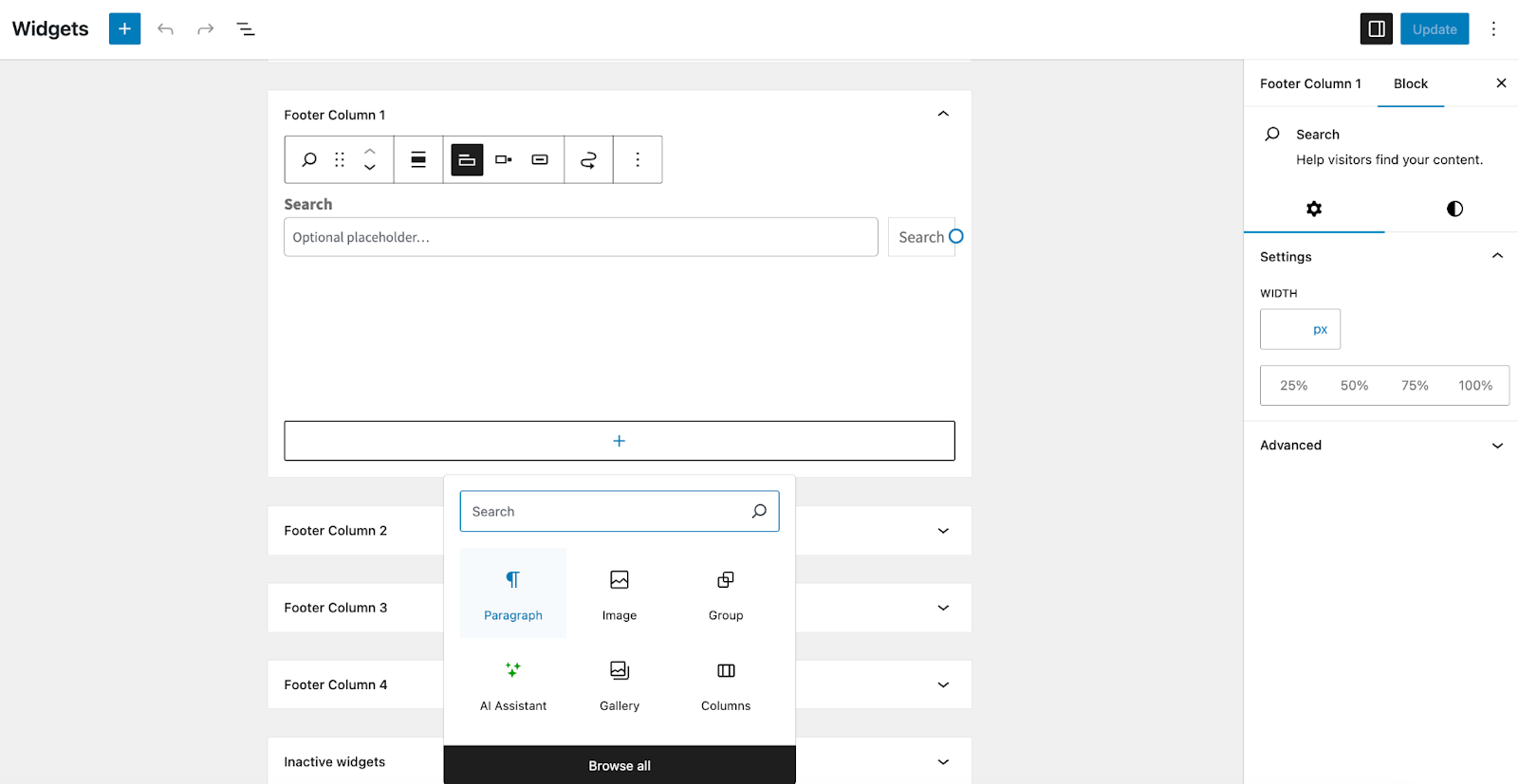 adding a paragraph block to the footer